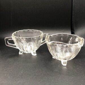 Vintage Creamer and Sugar Bowl Set Glass Footed Handled Pebble Texture